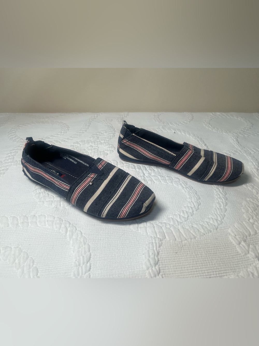 Madlove Striped Canvas Slip-On Flats in Navy, Cream & Red Accents